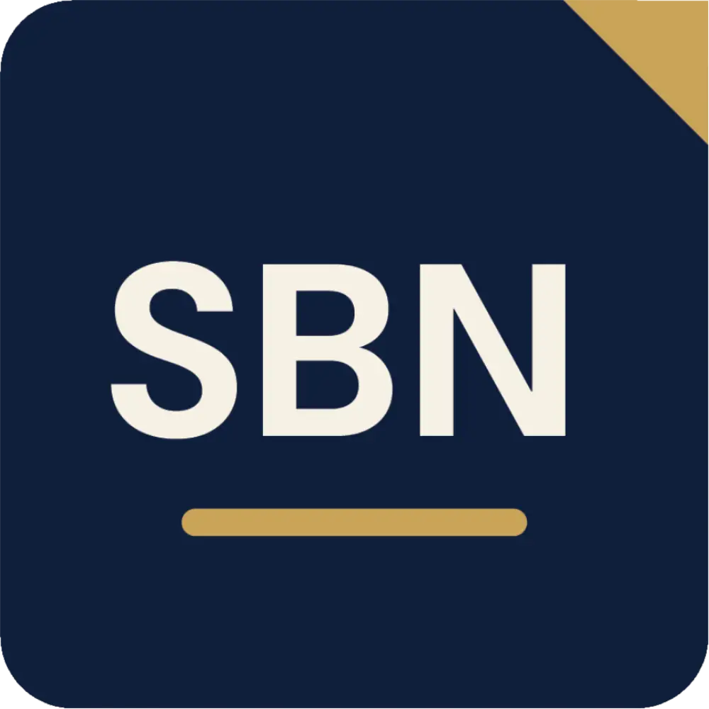 SBN logo on a dark blue rounded square with white letters and a gold underline; gold corner accent in the top-right corner.